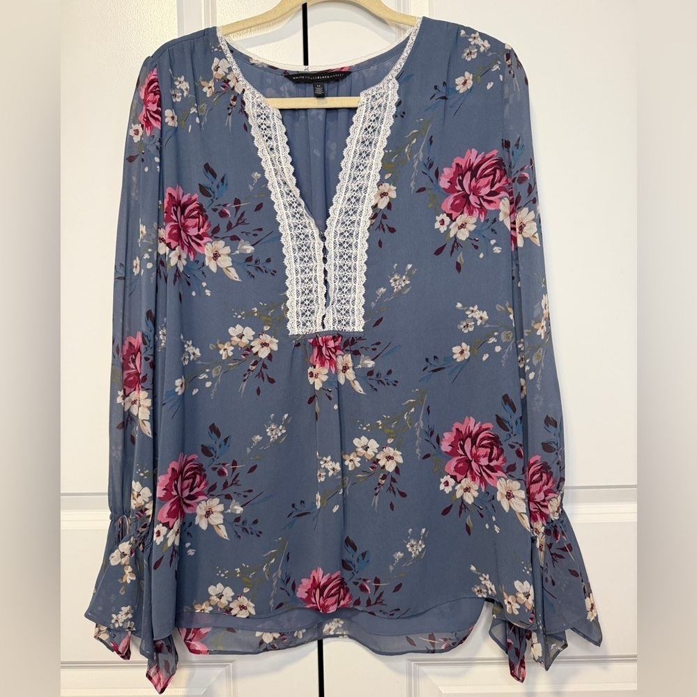 White House Black Market Blue Floral Lace Trim Blouse Size 14 Boho